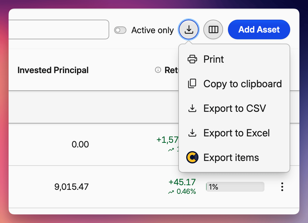 A financial dashboard screenshot showing an "Add Asset" button and a dropdown menu with export and print options for investment data.